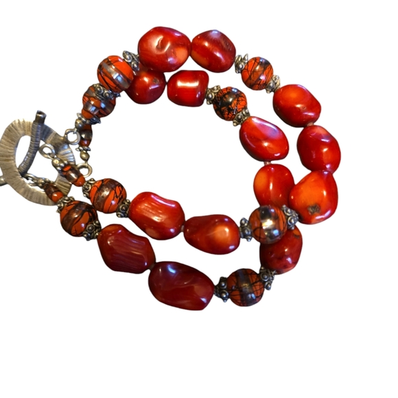 Red Coral and Marcasite Bead Bracelet - Sterling tone Silver Toggle Clasp - - Picture 2 of 7